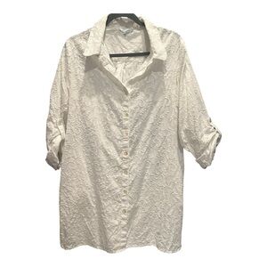Women's Beach Coverup White Textured Button Up With Pockets | Size XL